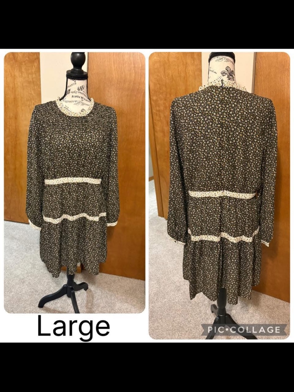 Floral Tiered Long Sleeve Dress - Black with Cream Trim